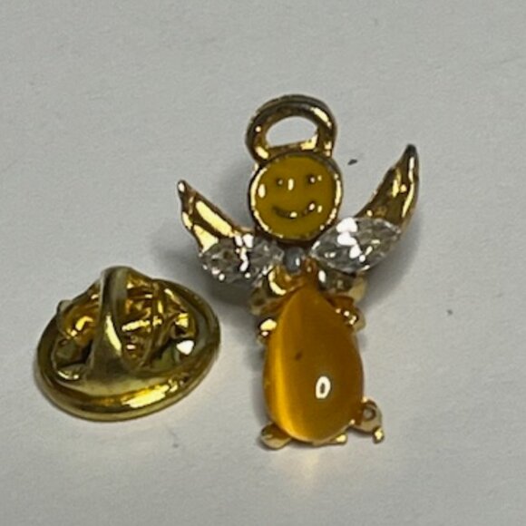 Angel of Happiness Gold Tone Rhinestone Wings Smiley Face Hat Vest Lapel Pin - Picture 11 of 14